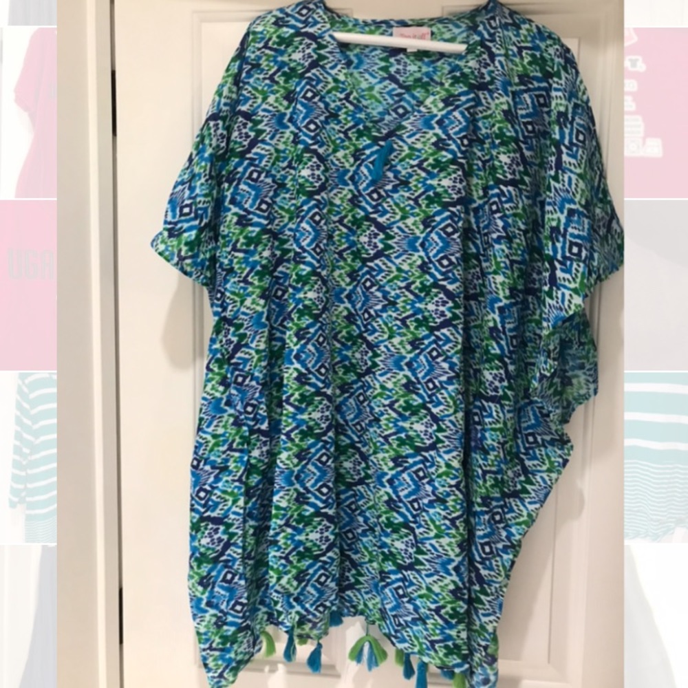 Top it Off blue green swim coverup Tunic tassels